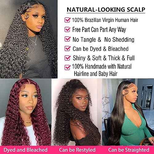 Deep Wave Lace Front Wigs Human Hair Wigs for Black Women 13x4 HD Transparent Lace Frontal Glueless Wigs Human Hair Pre Plucked 180% Density Natural Black natural color 24 inch