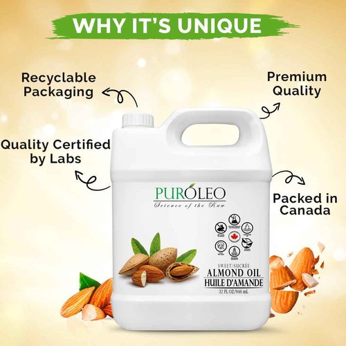 PUROLEO Sweet Almond Oil 32 Fl Oz/946 ML 100% Natural and Pure | Moisturizer & Carrier Oil | Beauty & DIY blends, massage oil, body oil, hair oil and baby oil | Made from almonds raw