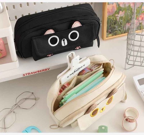 NIORYUZ Kitty Cat Pencil/Pen Pouch 4-Layers Extra Capacity Cosmetic Organizer Pen Brush Holder Mesh Pockets (4 Layers - Black)