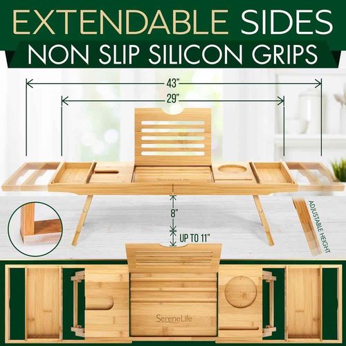 SereneLife Bath Caddy Breakfast Tray Combo with Gift Box-Natural Bamboo Wood Waterproof Bath Tub Caddy and Bed Tray with Folding Slide-Out Arms,Device Grooves,Wine Glass and Soap Holder
