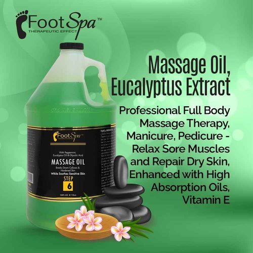 Foot SPA - Massage Oil, Eucalyptus Extract, 128 Oz - Professional Full Body Massage Therapy, Manicure, Pedicure - Relax Sore Muscles and Repair Dry Skin, Enhanced with High Absorption Oils, Vitamin E