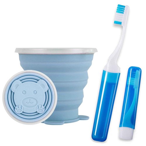 Toothbrush Travel Case, Travel Toothbrush Silicone Collapsible Toothbrush Cup, Travel Toothbrush Set Suitable for Business Camping Travel or Daily Use (Blue)
