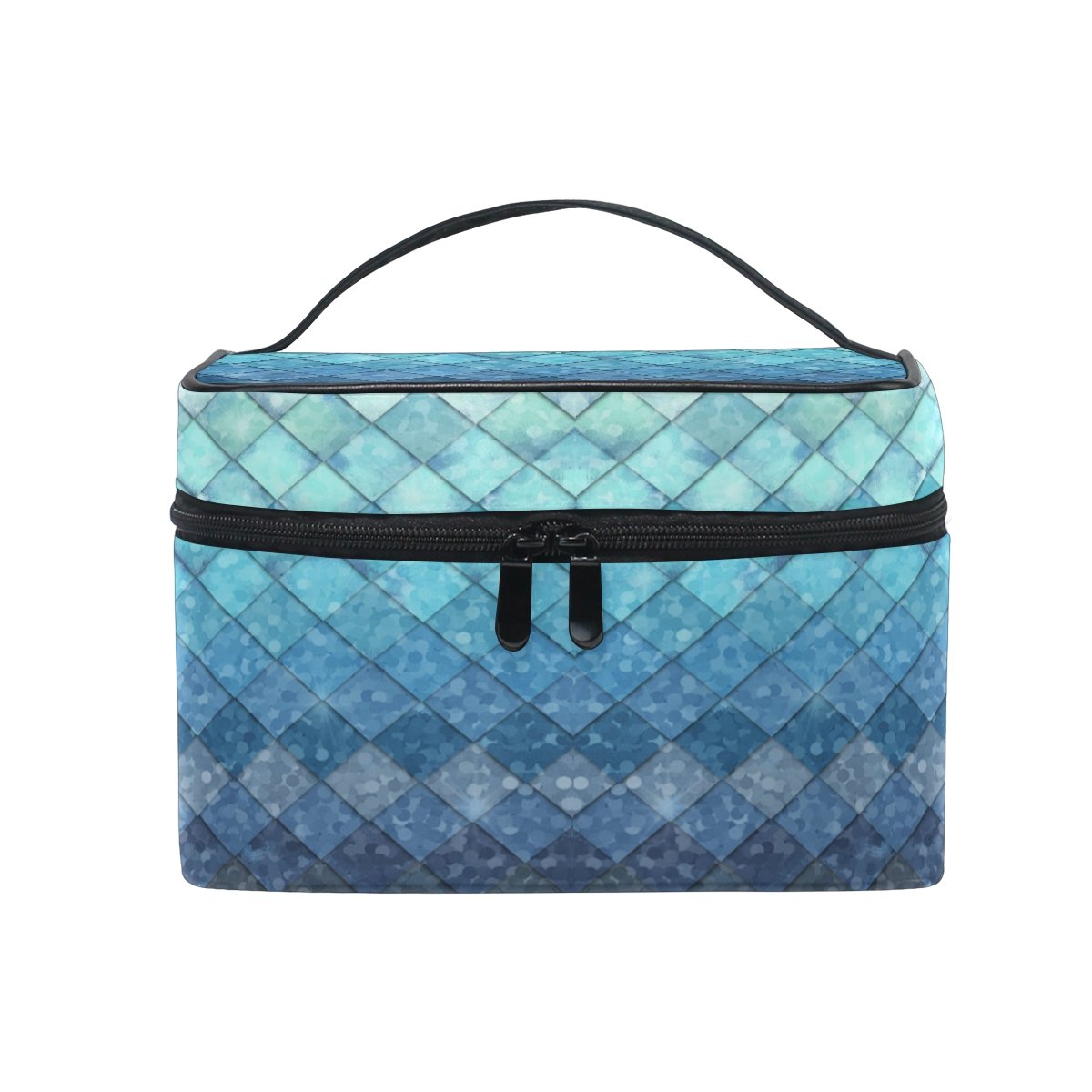 ZOEO Makeup Train Case Royal Blue Mermaid Scales Geometric Rhombus Korean Carrying Portable Zip Travel Cosmetic Brush Bag Organizer Large for Girls Women