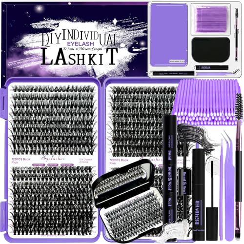 DIY Lash Extension Kit 840Pcs D Curl Individual Lash Clusters Eyelashes Extension Set with Mirror Lash Storage Box Lash Bond&Seal Glue Remover Tweezers Lash Brush Applicator