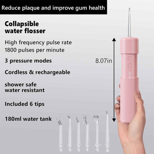 HUACO CARE Portable Mini Water Flosser, Oral Irrigator Water Teeth Cleaner Pick with Telescopic Water Tank,3 Modes & IPX7 Waterproof, Home & Travel (Pink)