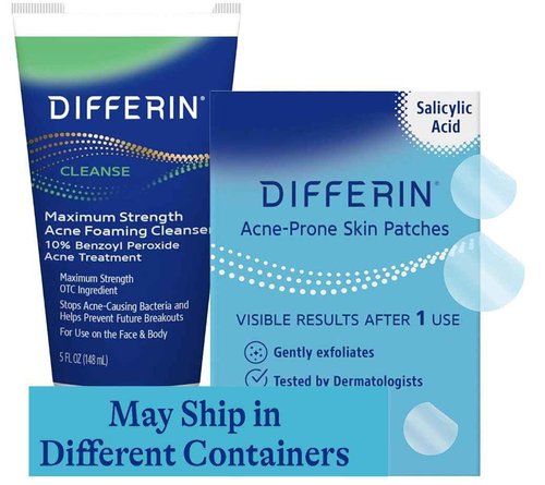 Differin 10% Benzoyl Peroxide Cleanser and Patch Set: 36 Power Patches, 18 large and 18 small patches for acne-prone skin and Acne Foaming Cleanser with 10% BPO Acne Treatment