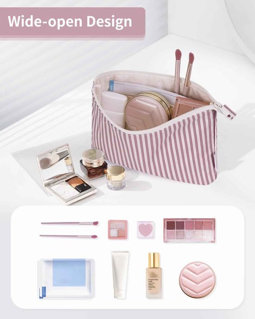 Narwey Small Striped Makeup Bag for Purse Travel Makeup Pouch Cosmetic Bag Zipper Pouch Bags for Women (Dusty Pink Stripe)
