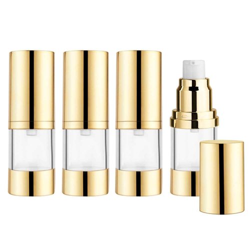 BOSMIOW 4Pcs 15ml/0.5oz Clear Plastic Airless Pump Bottles with Gold Head Empty Refillable Vacuum Cosmetics Sample Storage Jars for Lotion,Shampoo,Hand Soap,Face Cream