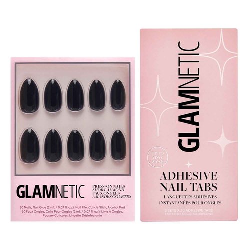Glamnetic Press-On Nails & Adhesive Nail Tabs - Boba | Opaque Black Short Almond Nails, Reusable | 12 Sizes - 24 Nail Kit with Adhesive Tabs