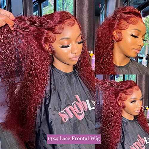Burbundy 99j Deep Wave Curly Lace Front Wigs Human Hair Pre Plucked Red Colored Hd 13x4 Lace Frontal Wigs for Black Women Wig(99J, 28 Inch)
