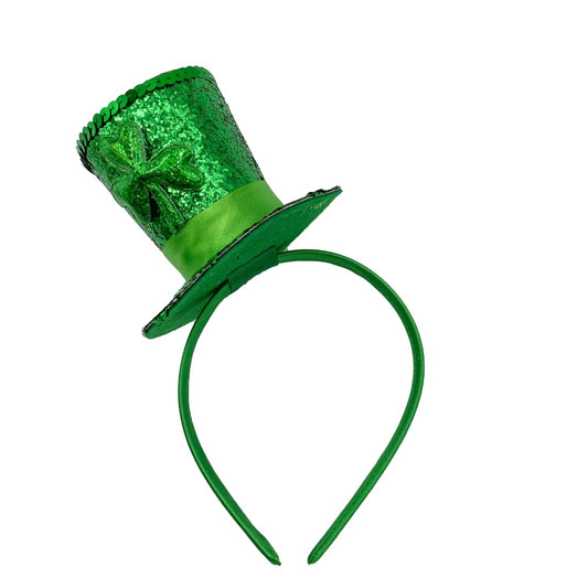 Needzo Little Top Hat St. Patrick's Day Sequin Headband, Green Hair Accessory With Clovers and Tulle for Holidays and Themed Parties, One Size Fits Most (Top Hat)