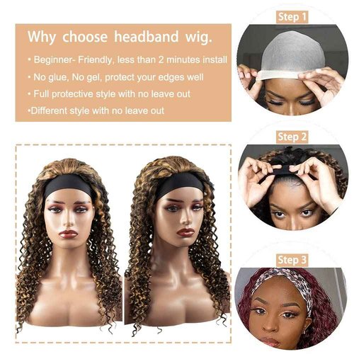 YiweYowe 24 Inch P1B27 Highlight Headband Wig Human Hair 150% Density Grade 8A Unprocessed Brazilian Virgin Hairs Machine Made Blonde Deep Wave Headband Wig Human Hair For Woman