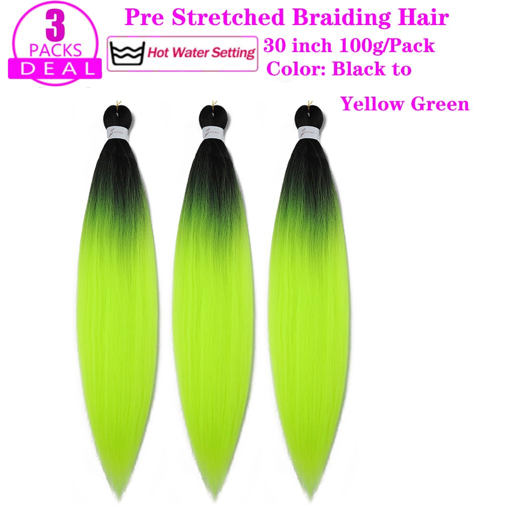 Pre Stretched Braiding Hair Extensions 30 Inch 3 Packs Crochet Twist Braids Hair High Temperature Synthetic Fiber Braid Hair Hot Water Setting（30",Black-Yellow Green）