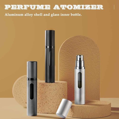 DIOHIO 8ml Perfume Atomizer Travel Refillable,Mini Cologne Dispenser, Bottom-Filling Fragrances Perfumes Bottle,Portable Sprayer Pocket Size for Women Men Cruise Car Trip Gift 2pcs (Black-Grey)
