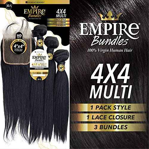 Sensationnel Empire bundles multi - straight with 4x4 closure 10a tangle shed free human hair for weaving and sew in styles (16 18 20 Inch, NATURAL/BLACK)