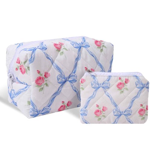 LYDZTION Cute Quilted Coquette Bow Cotton Makeup Bag with Purse Pouch - Aesthetic Stuff Travel Essentials Storage Bag for Lipstick Brushes, Blue