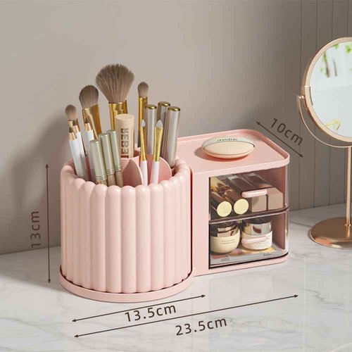 STORICANS Makeup Organizer Countertop,360 Rotating Makeup Brush Holder With 2 Drawers,Small Preppy Organizer |9.25x5.11inch|Pink