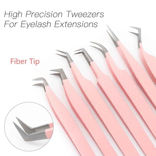 Lash Tweezers For Eyelash Extensions Fiber Tip Lash Tweezers Pink Straight/Curved Tweezer(Pink,X05)