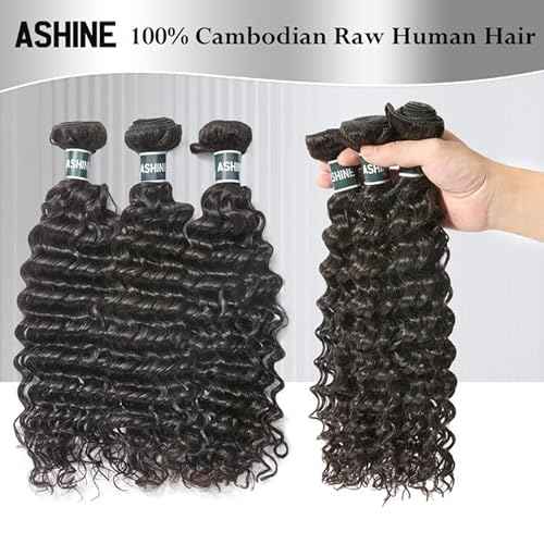 ASHINE Human Hair Bundle Deep Wave Unprocessed Cambodian Raw Hair 26 Inch, Flip Over Quick Weave Wet and Wave Bundles for Women Natural Black