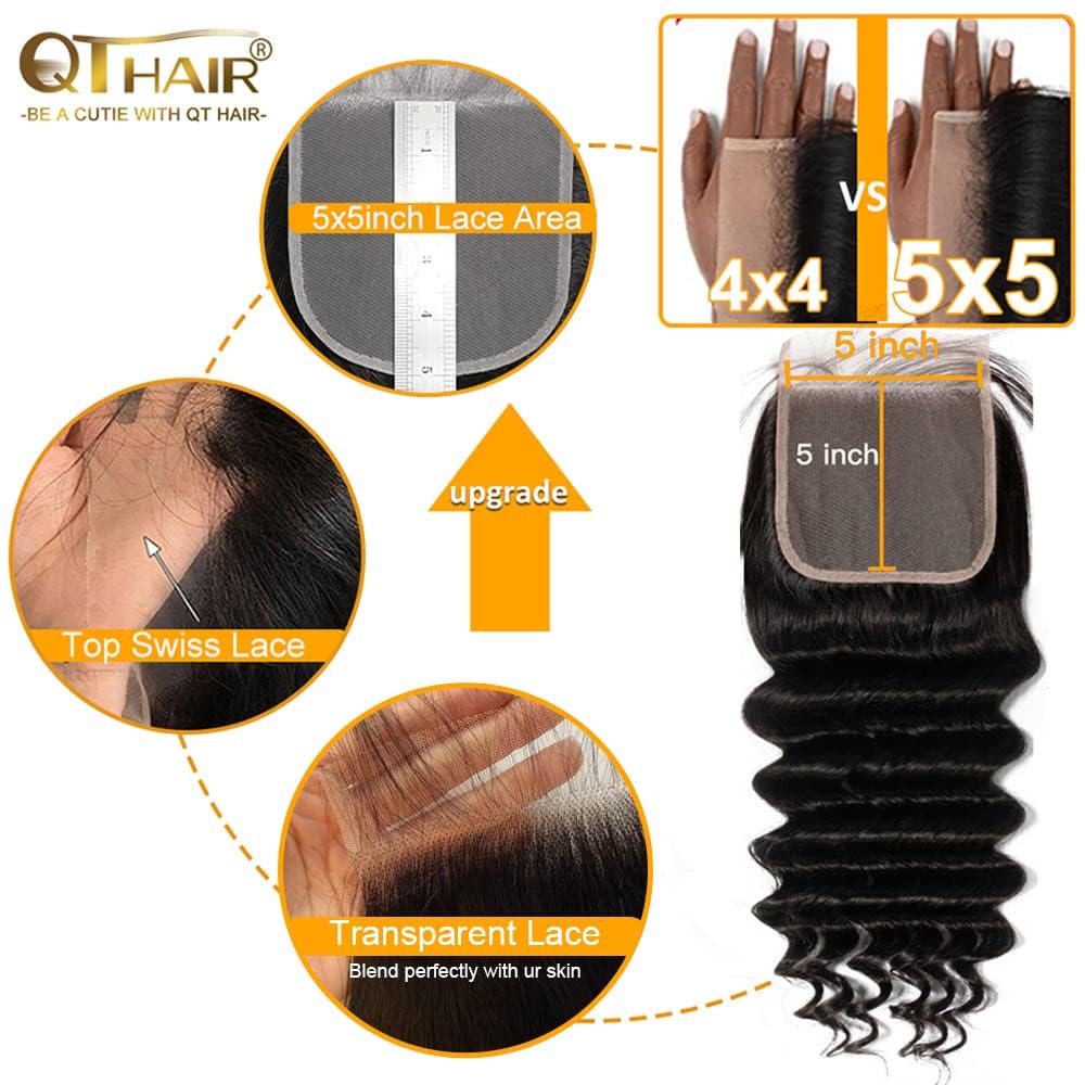 QTHAIR 5x5 Transparent HD Lace Closure Deep Wave Hair Closure Invisible Lace 14A Brazilian Virgin Remy Human Hair Frontal Closure 100% Human Hair Extensions Pre Plucked Natural Black 14 Inch