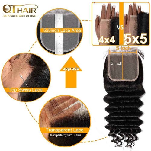QTHAIR 5x5 HD Lace Closure Invisible HD Lace Closure Deep Wave Pre-Plucked with Baby Hair 16A Grade Small Knot Free Part Transparent HD Lace Closure Deep Wabe Human Hair 16 Inch