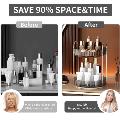 Satpurush 360° Rotating Makeup Organizer – 2-Tier Spinning Cosmetic Holder for Vanity, Countertop, Bathroom & Dresser – Perfume, Skincare & Cosmetic Care Organizer (Clear Grey, 2 Tier)