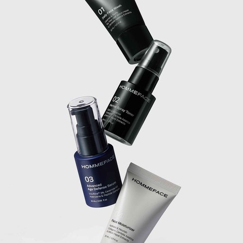 HOMMEFACE Men's First Class Skincare Essentials Travel Kit with Toiletry Bag, 4 Pieces - TSA Approved with Daily Face Wash, Spray Toner, Serum & Moisturizer
