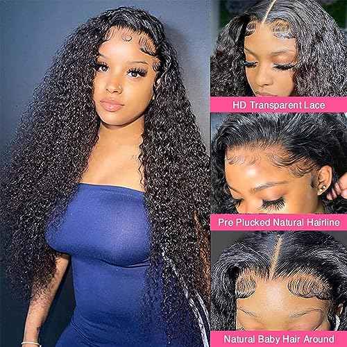 Deep Wave Lace Front Wigs Human Hair Pre Plucked 180% Density 13x4 HD Transparent Deep Curly Lace Frontal Wigs Human Hair Glueless Wigs Human Hair Lace Front Wigs with Baby Hair Natural Color 22 Inch