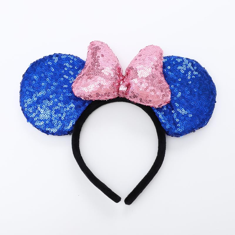 YOVECATHOU Mouse Deluxe Ear Bow Headbands Sequins Hairbands Women Hair Accessories For Cosplay Costume Party (Blue Pink)