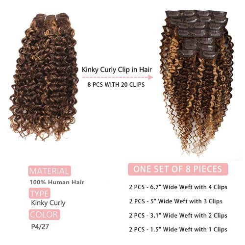 Highlight P4/27 Kinky Curly Clip Ins 12 Inch 110g 8pcs 3C 4A Curly Clip In Hair Extensions Real Human Hair Full Head for Women 100% Brazilian Remy Human Hair Extensions with 20 Clips #4/27