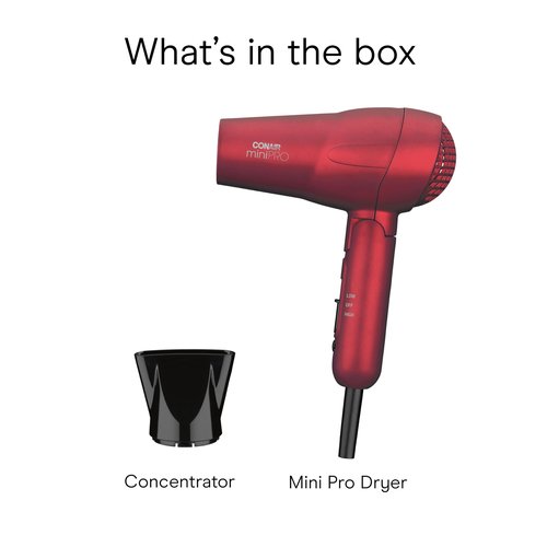 Conair Mini Pro Hair Dryer, Travel Hair Dryer with Folding Handle, Red
