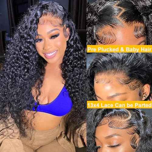 QTHAIR 16A Brazilian Water Wave Human Hair Frontal(22",Natural Black) 150% Density Brazilian Human Hair Water Wave13x4 Ear to Ear Swiss Lace Frontal Pre Plicked Natural Hairline