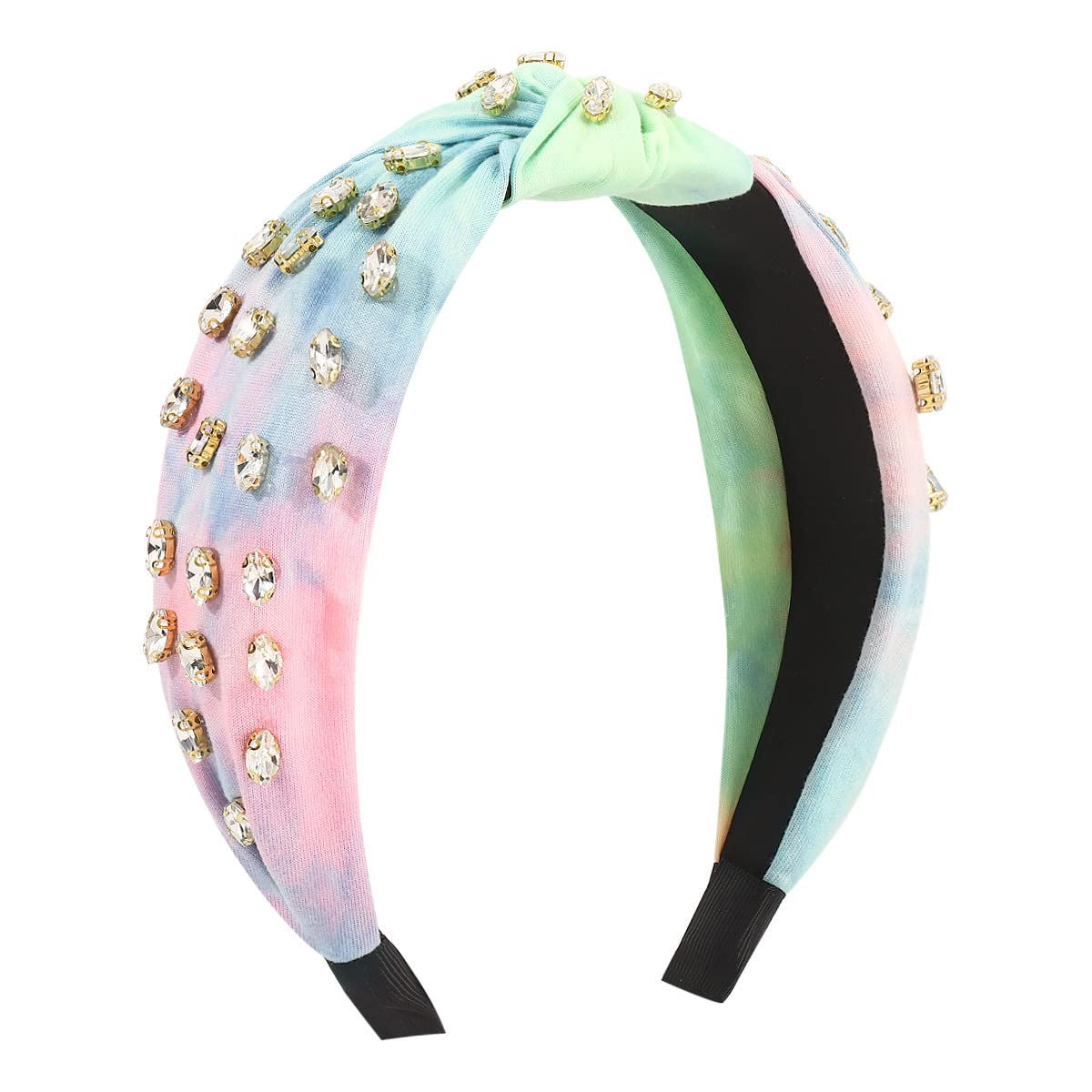 Fashion Women Knotted Jeweled Headband Crystal Embellished Mixed Top Hairband ladies Twist Nylon Hair Accessories for Girls (Pink+Blue+Green)