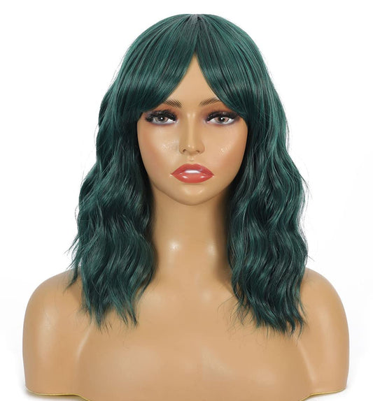 Sharebeauty Synthetic Bob Wig for Women Natural Wavy Curly Full Wig with Bangs Deep Green