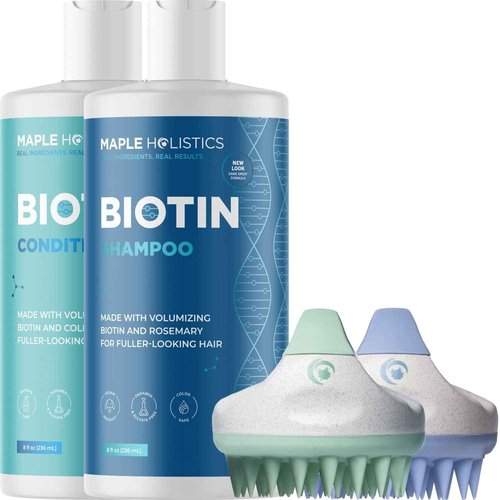 Biotin Shampoo and Conditioner with Scrubbers - Hair Shampoo Brush and Scalp Exfoliators with Volumizing Shampoo and Conditioner Set made with Rosemary Essential Oil and Biotin for Thinning Hair 8oz