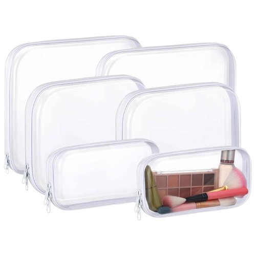 Hoolerry 6 Pcs Hard Clear Zipper Case Transparent Zipper Hard Pouch for Snacks Makeup Bag Plastic Cosmetic Bag Portable Travel Organizer for Makeup Storage(White,Big,Medium,Small)