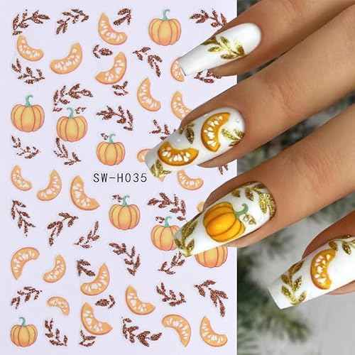 Pumpkin Nail Art Stickers Fall Maple Leaf Nail Decals 6PCS Maple Leaves Pumpkin Nails Design 3D Self-Adhesive Nail Art Supplies Fall Stickers for Nails Thanksgiving Day Women DIY Manicure Decorations