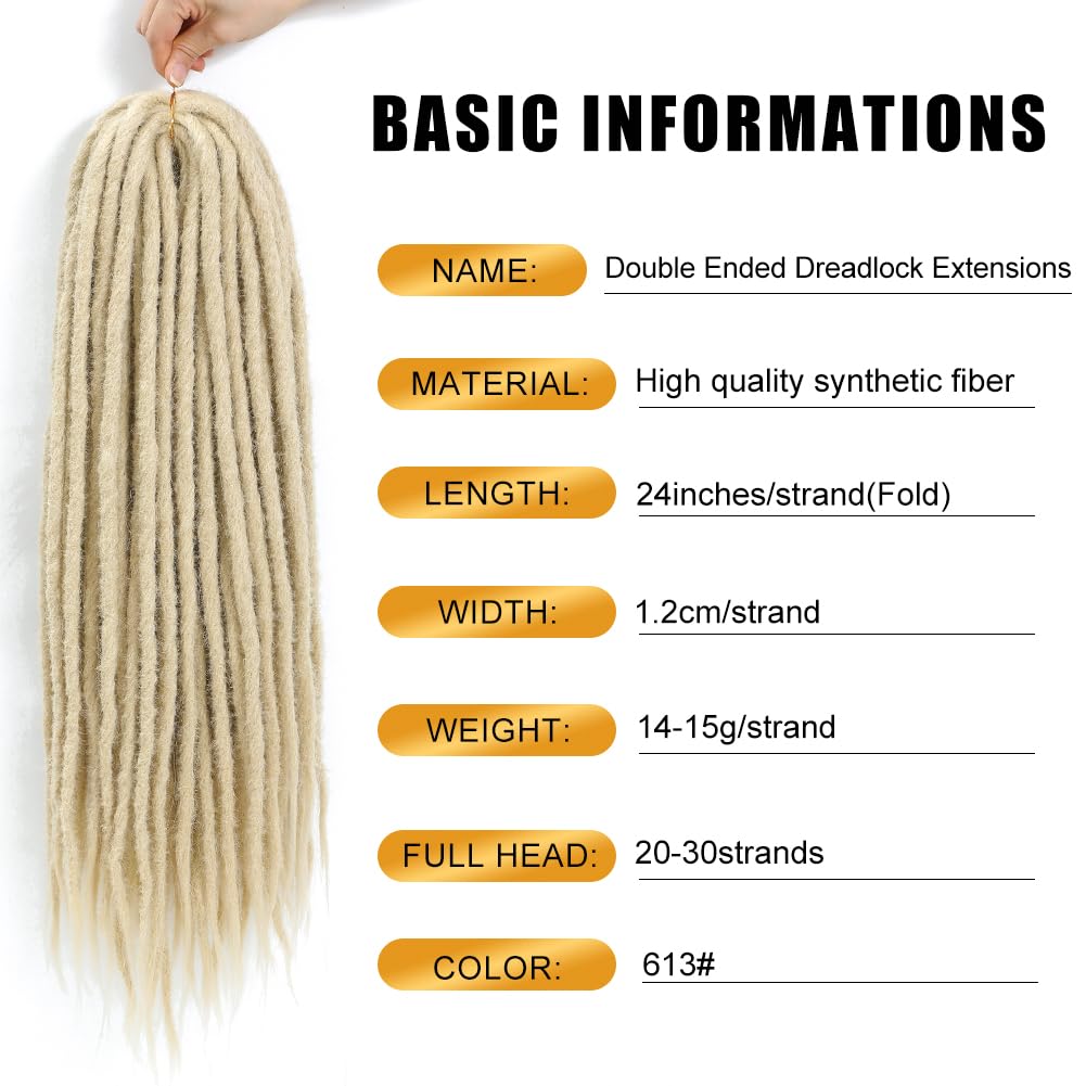 Aguacor Straight Dreadlocks Synthetic Double Ended Dreadlock Extensions 24inches 5 Strands Width 1.2cm Soft DE Blonde Dreadlock Extensions for Women (5 Strands, 613#)