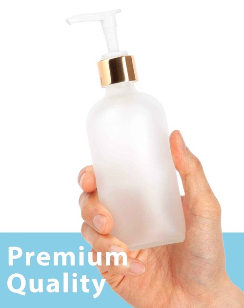 JUVITUS (4 pack) 8 oz Clear Frosted Glass Boston Round Bottle with Gold Lotion Pump