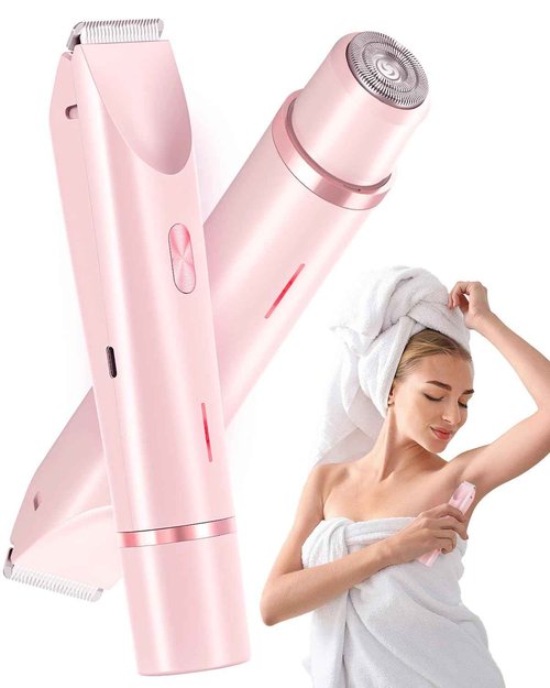 Bikini Trimmer for Women, Dual-Head Women's Electric Razor, 2-in-1 Electric Shaver for Women Pubic Hair/Legs/Arms/Underarm/Face, IPX7 Waterproof Wet/Dry Use (Rose Pink)
