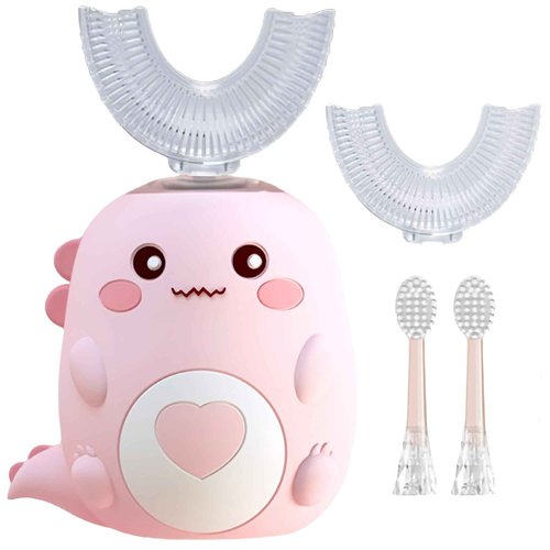 PLAYIKO Kids U Shaped Electric Toothbrush with 4 Brush Heads, 360° Sonic Automatic Toothbrush with 3 Cleaning Modes, IPX7 Waterproof Cartoon Dinosaur Design (Ages 2-12)