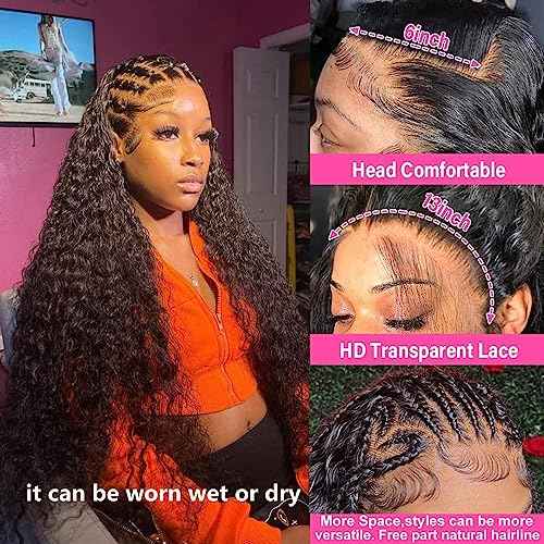 13x6 Deep Wave Lace Front Wigs Human Hair 200% Density HD Lace Frontal Wigs Glueless Curly Wigs Human Hair Pre Plucked with Baby Hair Wet And Wavy Wigs for Black Women 26 inch