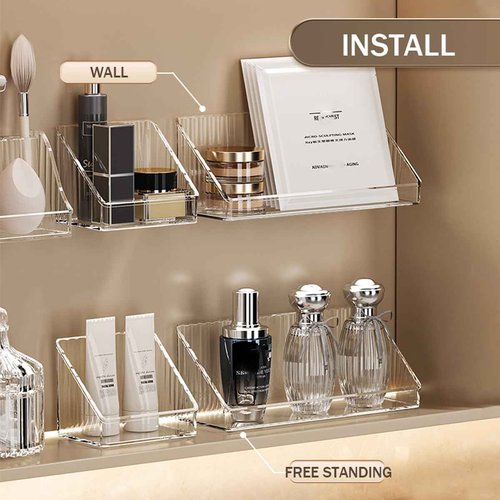 MORNITE 3 Pcs Medicine Cabinet Tray Organizer, Small Adhesive Bathroom Vanity Floating Shelves Storage for Toilet, Mirror, Wall, Countertop, Clear
