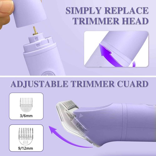 3-in-1 Bikini Trimmer for Women, IPX7 Waterproof Electric Shaver for Women-Rechargeable Electric Razors for Pubic, Facial & Body Hair Trimmer with LED Display, Travel Kit & Painless Blades (Purple)
