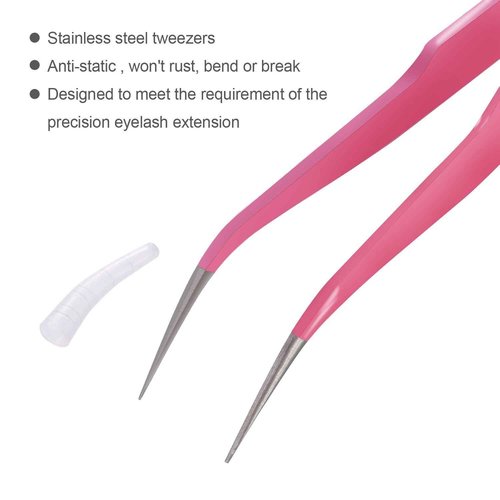 Hotop 2 Pieces Straight and Curved Tip Tweezers Eyelash Extension Tweezers, Stainless Steel False Lash Application Tools (Pink)