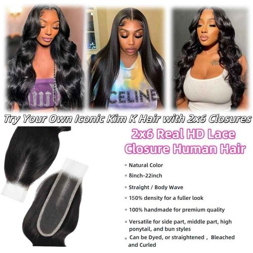 Anvnkl 2x6 HD Lace Closure Straight Human Hair Real HD Transparent 18inch 100% Brazilian Virgin Kim K Middle Part Pre Plucked with Baby Hair Natural Color Kim K 2x6 Closure