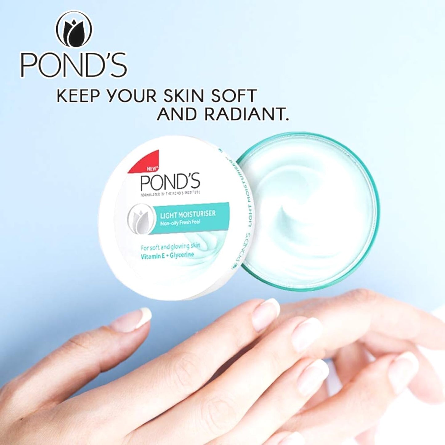 Pond's Light Moisturizer Cream, For Soft and Glowing Skin, Vitamin E, 4-Pack of 2.53 Fl Oz Each