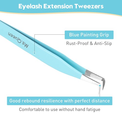 Ms.Queen Eyelash Extension Tweezers Set - Fiber Tip Isolation & 90 Degree Mega Volume Tweezers, Blue