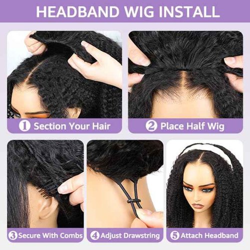 Moxuan Kinky Straight Half Wig Synthetic Hair 3 in 1 Seamless Flip Over Half Wigs Glueless Wear and Go Beginner Friendly Clip In Hair Drawstring Headband Wig Natural Black Color for Women 20 Inch