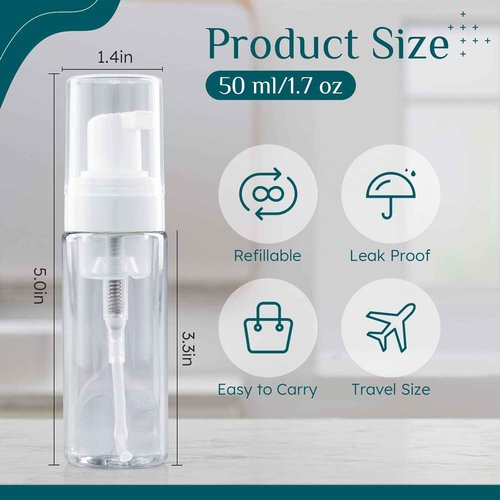 RAYNAG 2 Pack Foam Pump Bottles, Mini Travel Size Foaming Soap Dispenser Clear Plastic Pump Bottle, 50 ml/1.7 oz